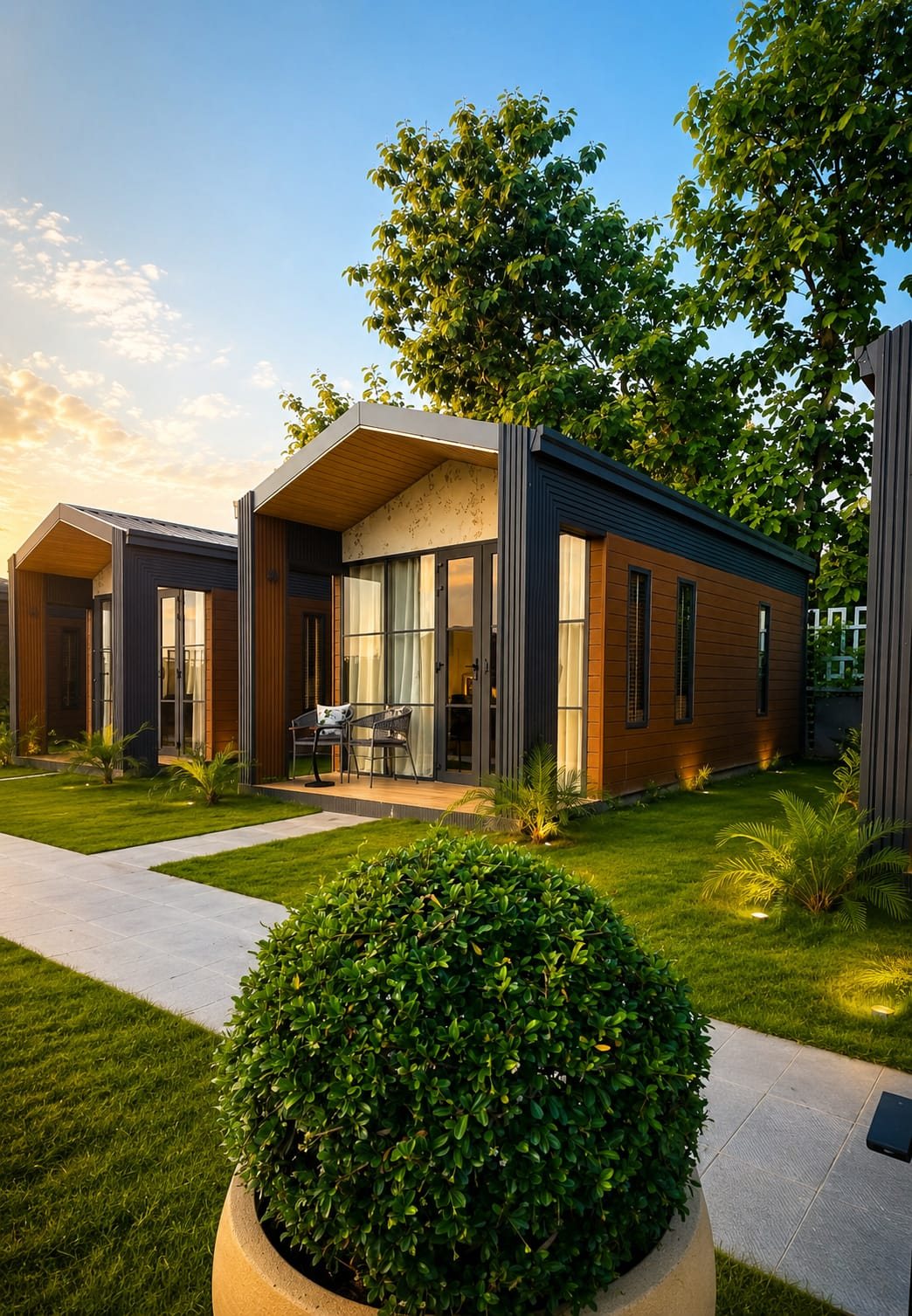 A garden-view cottage at Aanandam by Saryu at sunset, lit from within and surrounded by lawns
