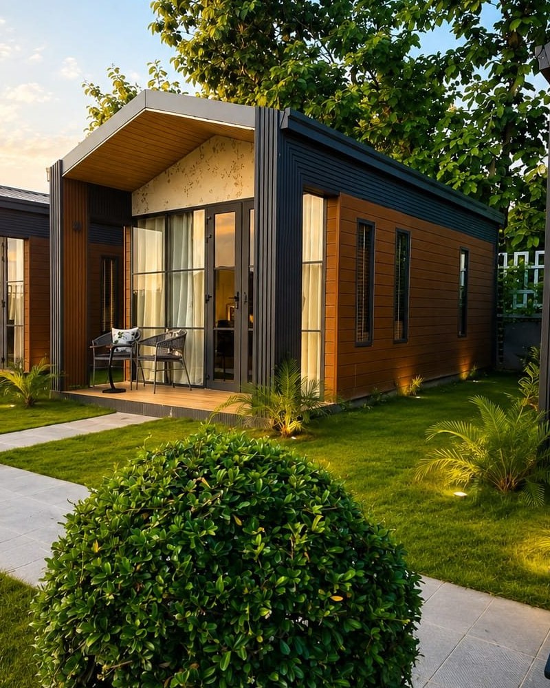 A garden-view cottage at Aanandam by Saryu with its private veranda, seating and warmly lit interior seen through full-height glass doors