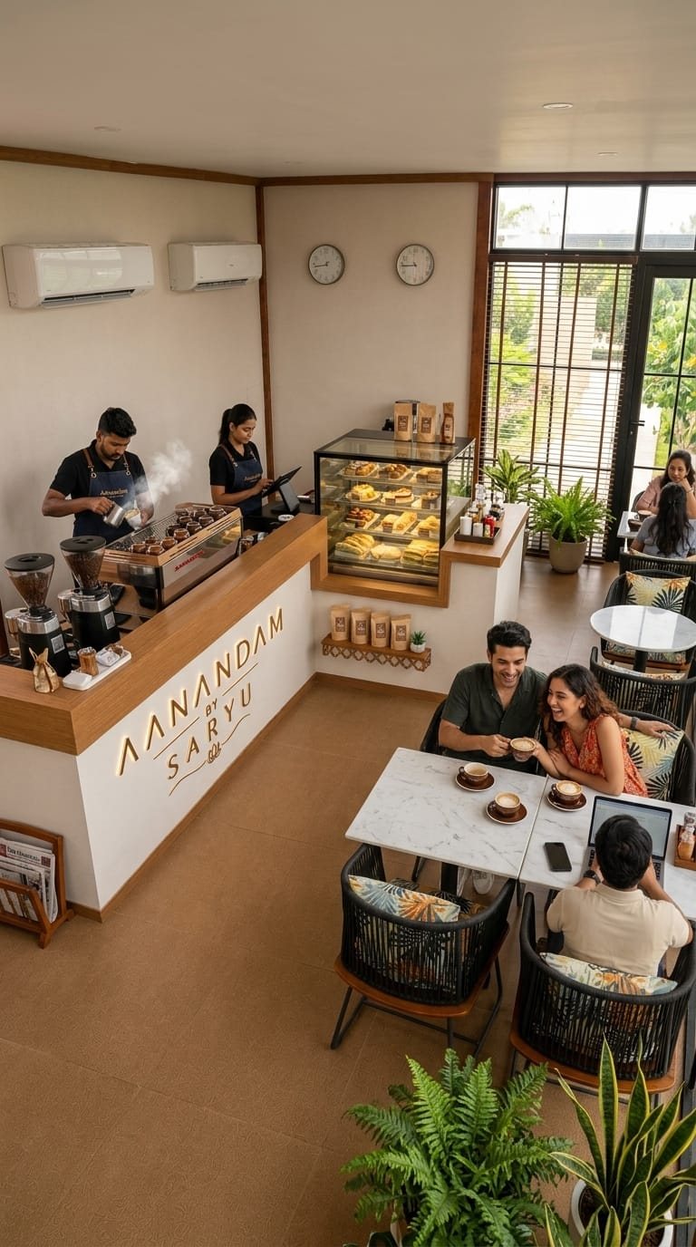 The Aanandam by Saryu restaurant counter with an espresso machine, pastry display and guests seated at marble tables